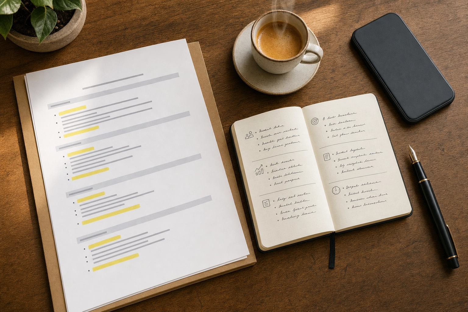 Overhead flat-lay of a meeting agenda and handwritten talking-point notes prepared for English meeting rehearsal