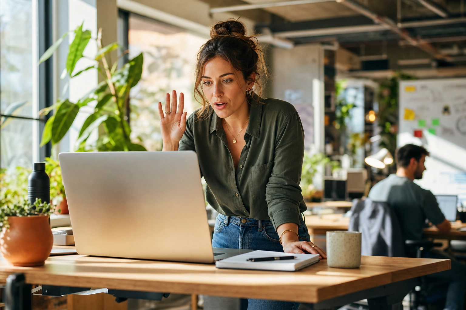 Professional raising her hand to politely interrupt and speak up during an online team meeting