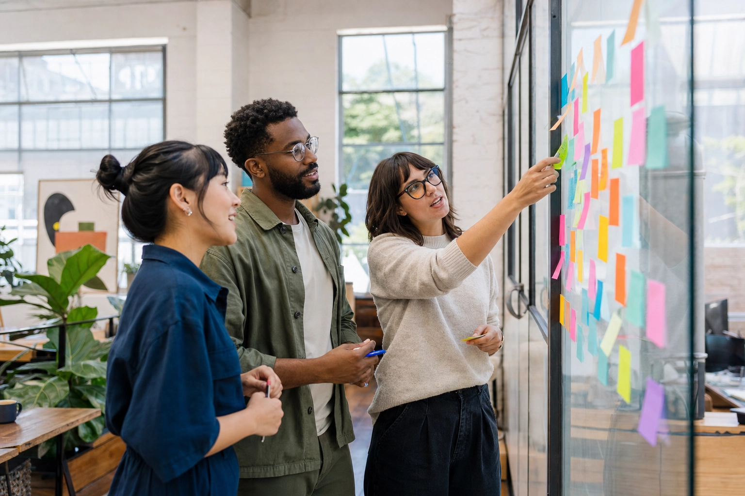 Diverse team brainstorming in English around a whiteboard covered in colorful sticky notes