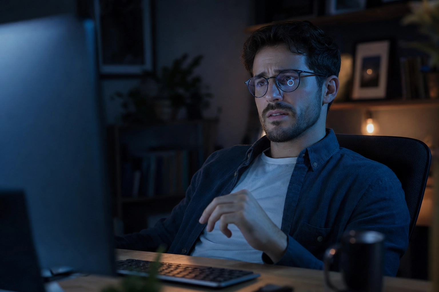 Non-native speaker hesitating and freezing during an English video call in a dim home office