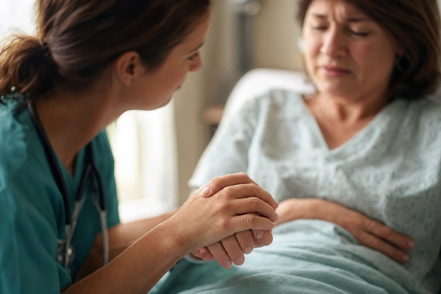 Nurse assessing a patient's pain level at the bedside while holding her hand for comfort and reassurance