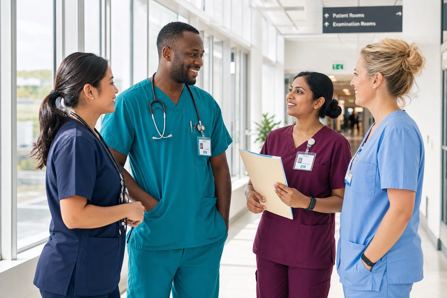 Internationally trained nurses from different countries talking together during a hospital shift handover