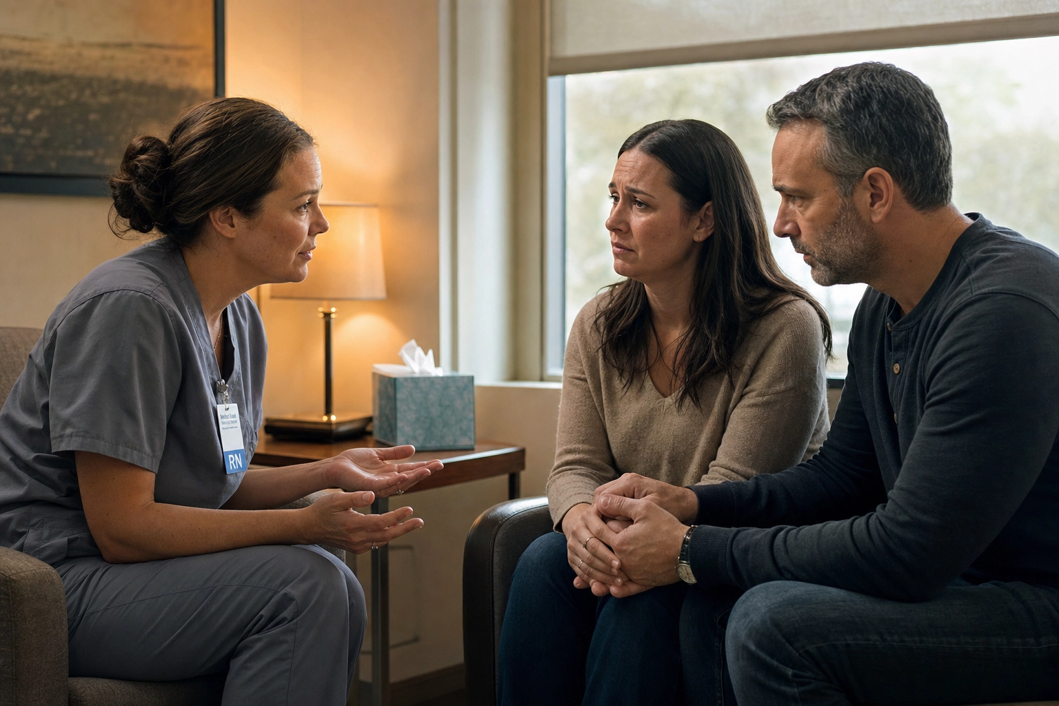 Nurse gently explaining a patient's condition and prognosis to anxious family members in a quiet room