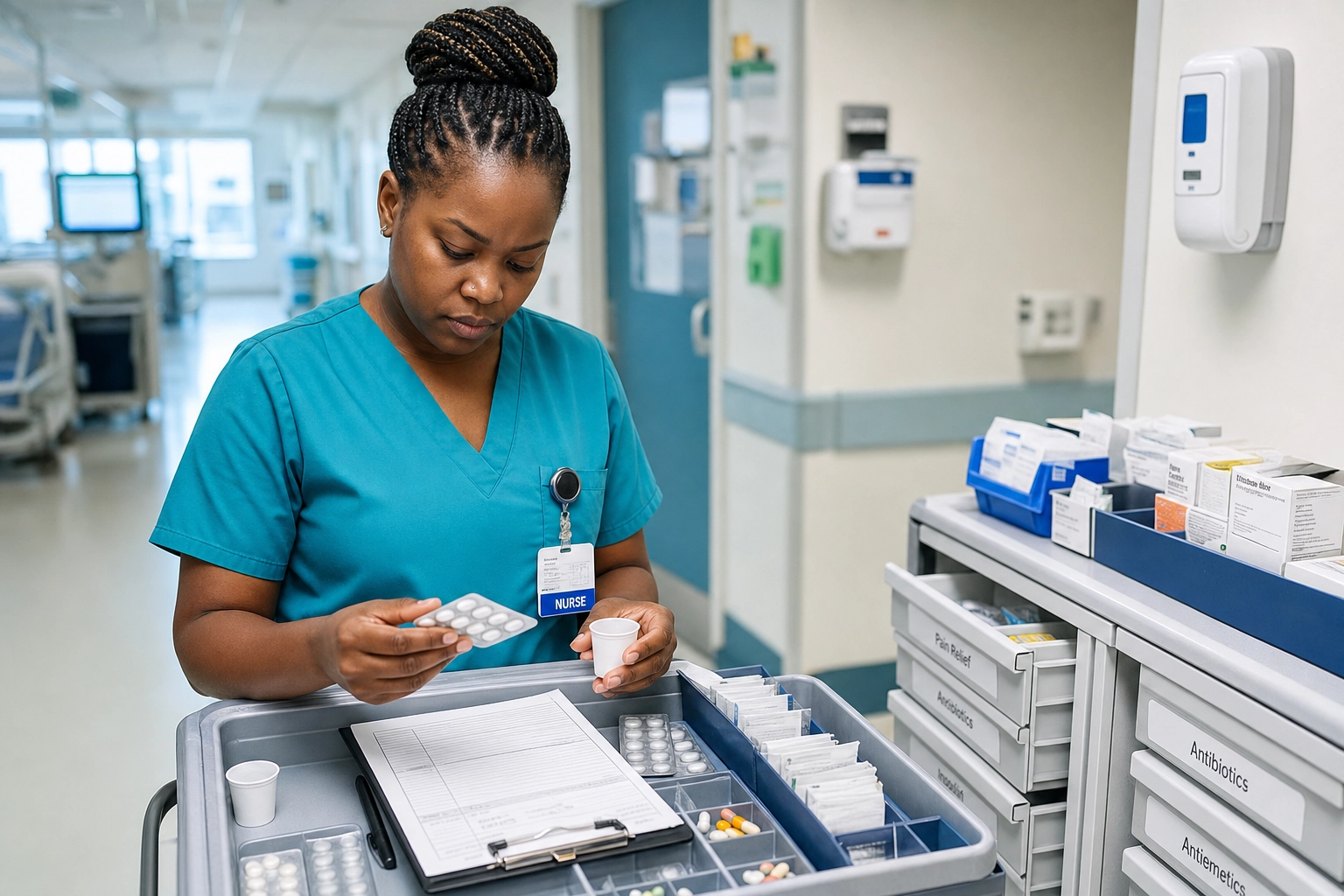 Nurse preparing and double-checking medications at a ward cart before starting a medication round