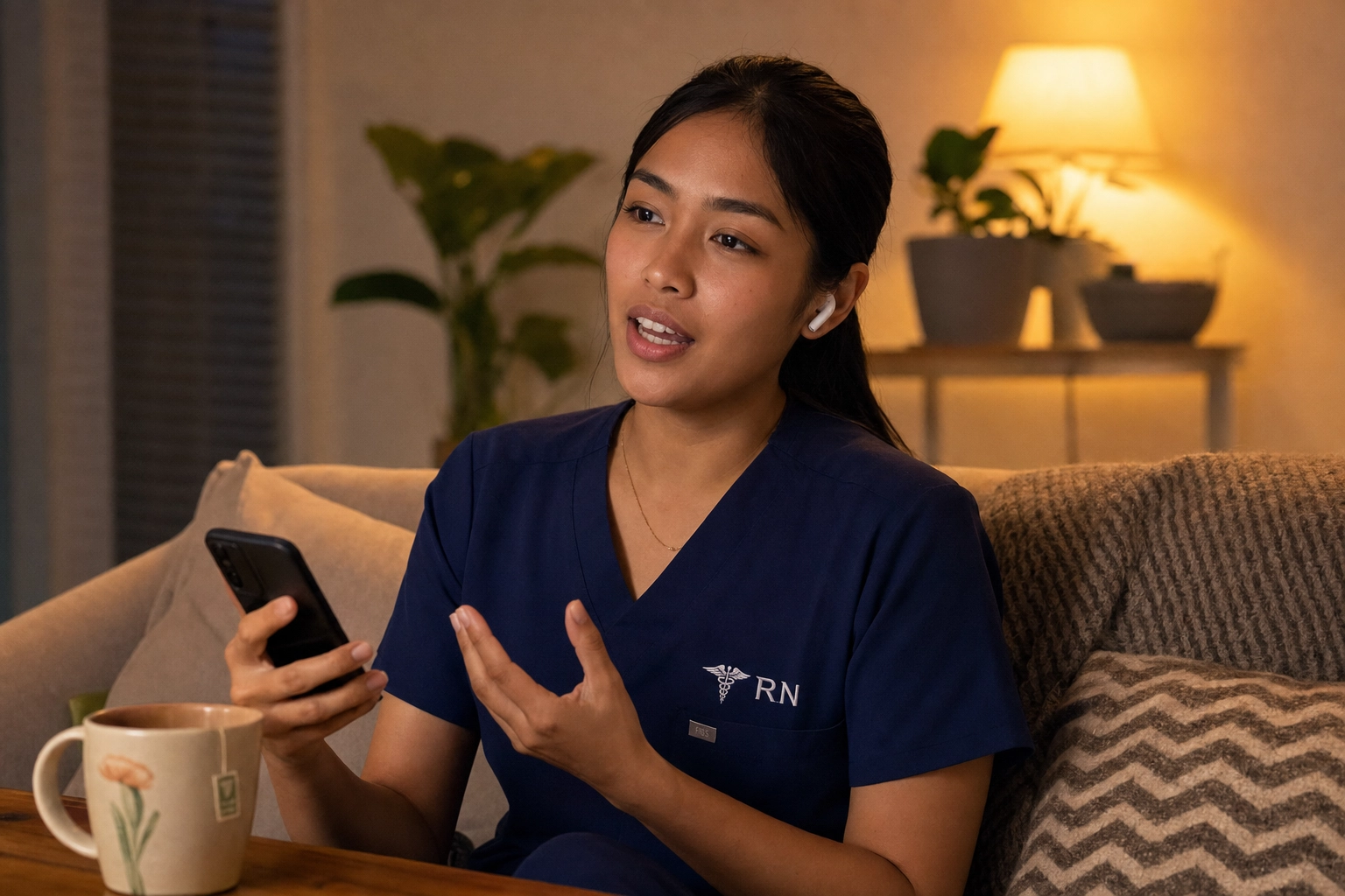Off-duty nurse practising spoken English at home with earbuds to build speaking confidence for work
