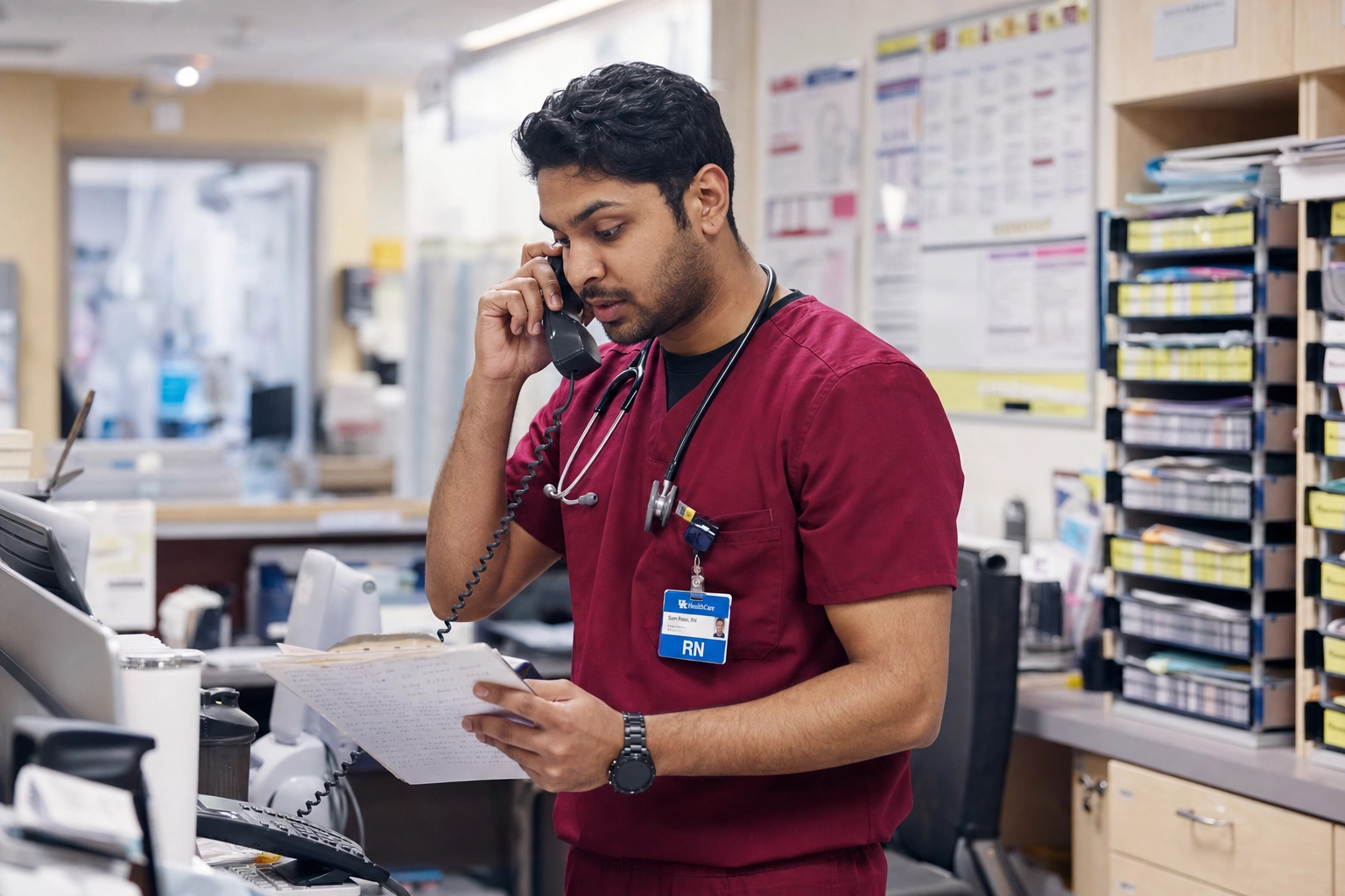 Nurse giving an SBAR phone handoff to a doctor from the nurses' station with notes in hand