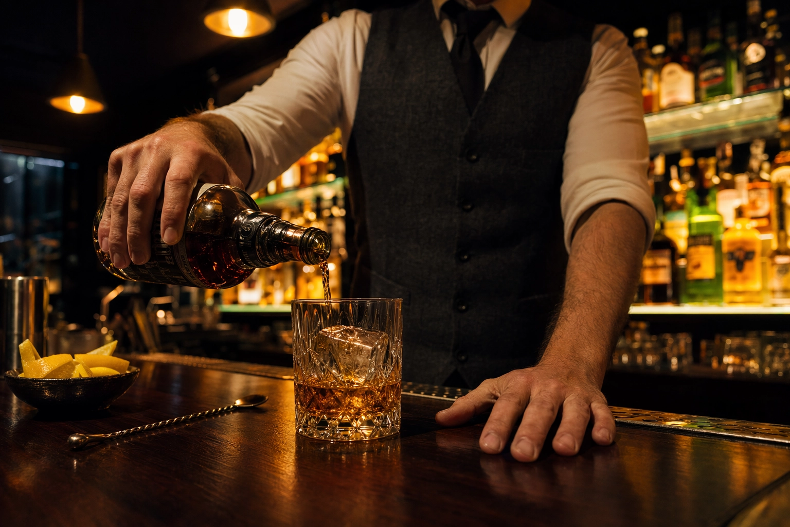 Close-up of a bartender pouring amber whiskey over a large ice cube in a lowball glass at a dimly lit bar