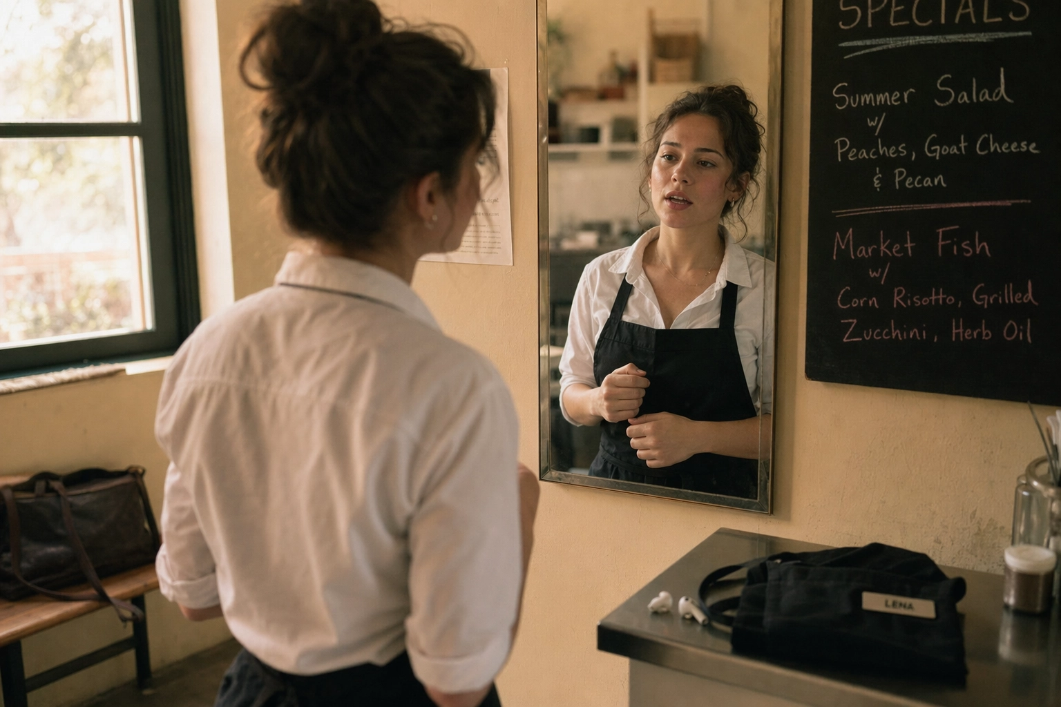 Young hospitality worker rehearsing English phrases in front of a mirror in a restaurant break room before her shift