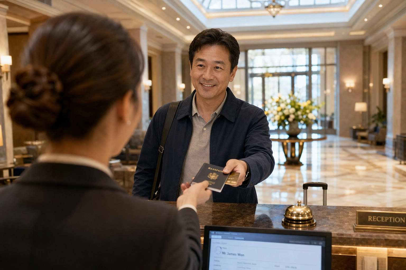 Over-the-shoulder view of a hotel receptionist checking in a traveling guest who is handing over a passport and credit card