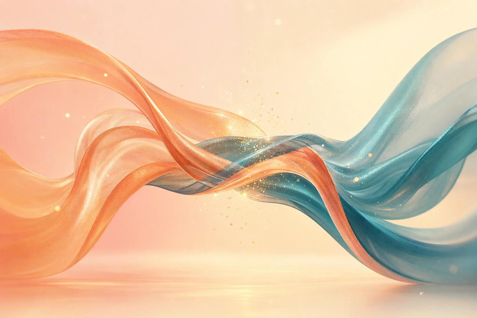 Two abstract flowing ribbons of warm and cool light intersecting gracefully, representing polite conversation exchange