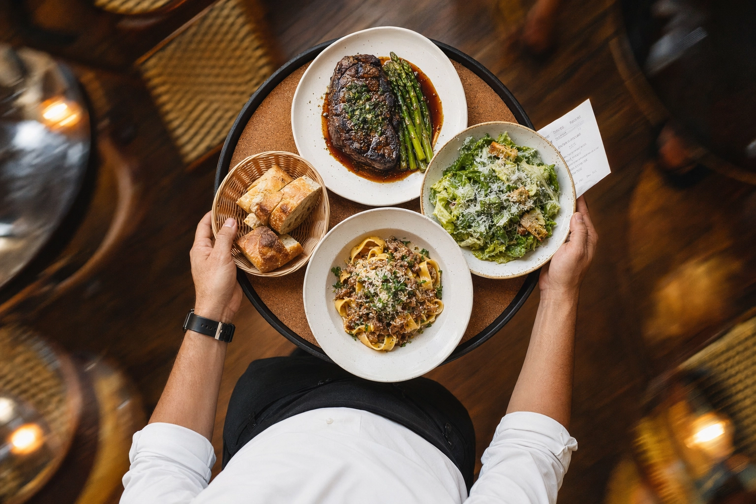 Overhead view of a server carrying a round tray loaded with four plates of food through a busy restaurant floor