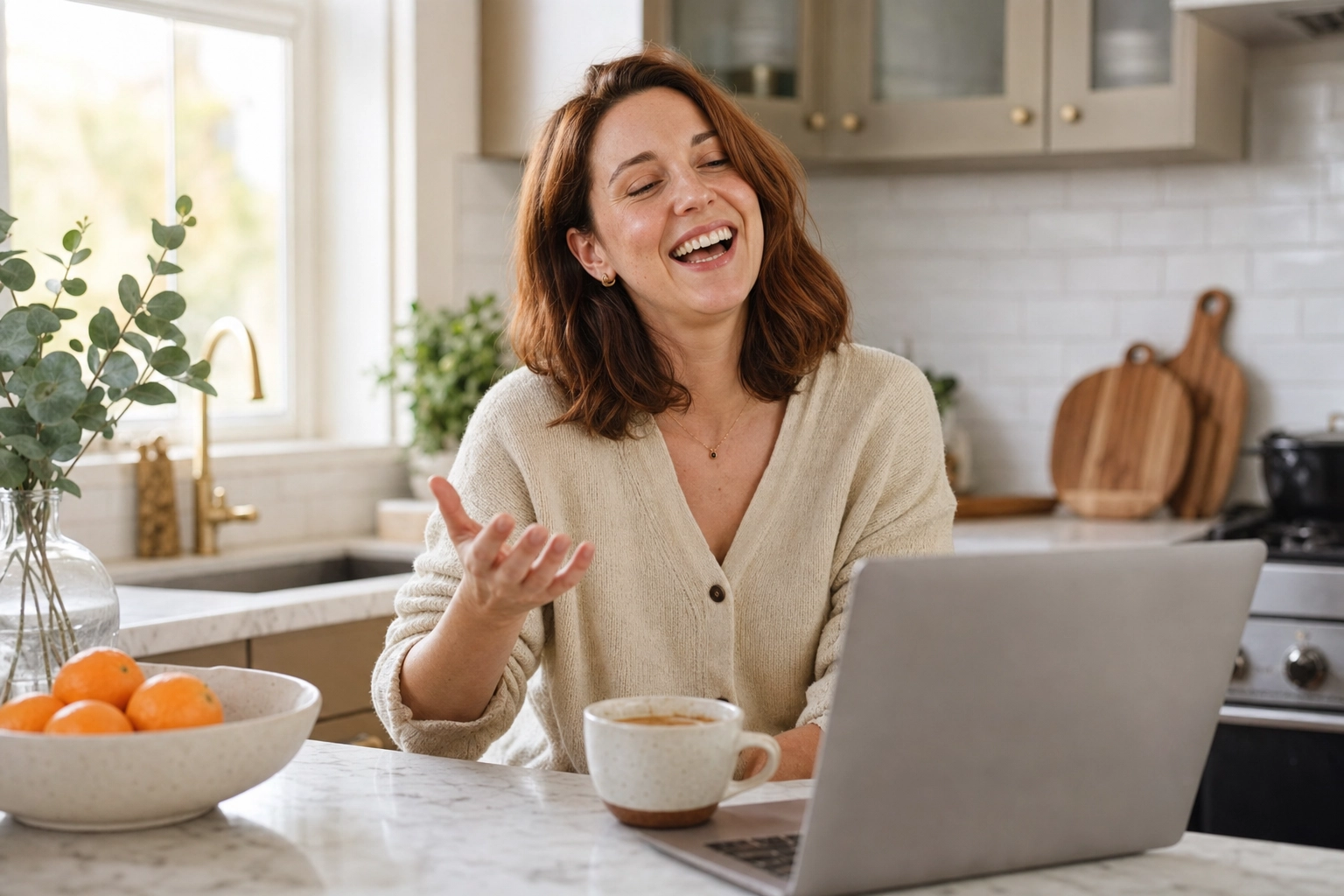 Donna che ride spontaneamente durante una conversazione in inglese nella sua cucina, a mostrare il momento di svolta nella fiducia nel parlato