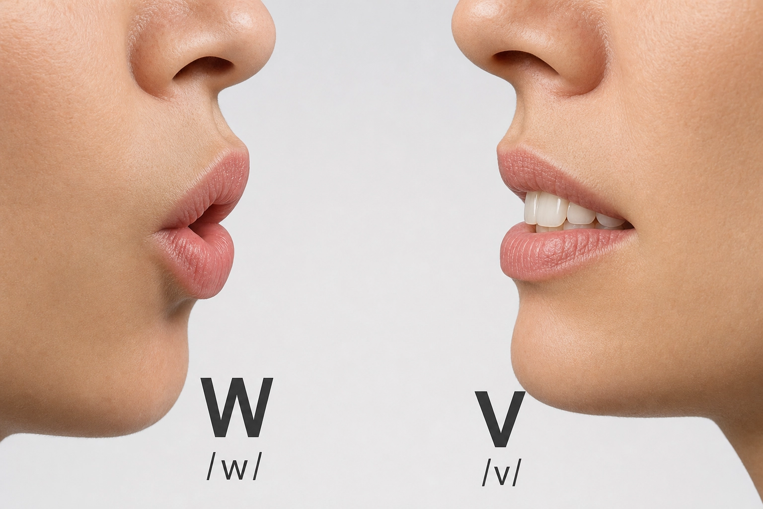 Confronto ravvicinato delle posizioni della bocca per W e V in inglese, che mostra la differenza tra labbra e denti che i russofoni devono imparare