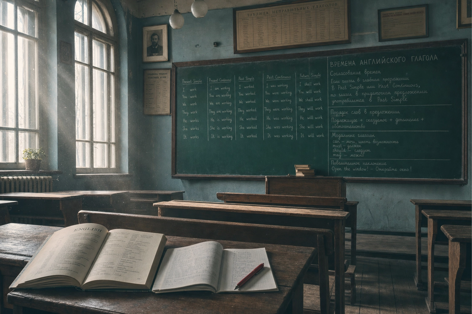 Aula russa vuota con lavagna che mostra tabelle di grammatica inglese, a rappresentare la formazione incentrata sulla scrittura che crea il divario nel parlato