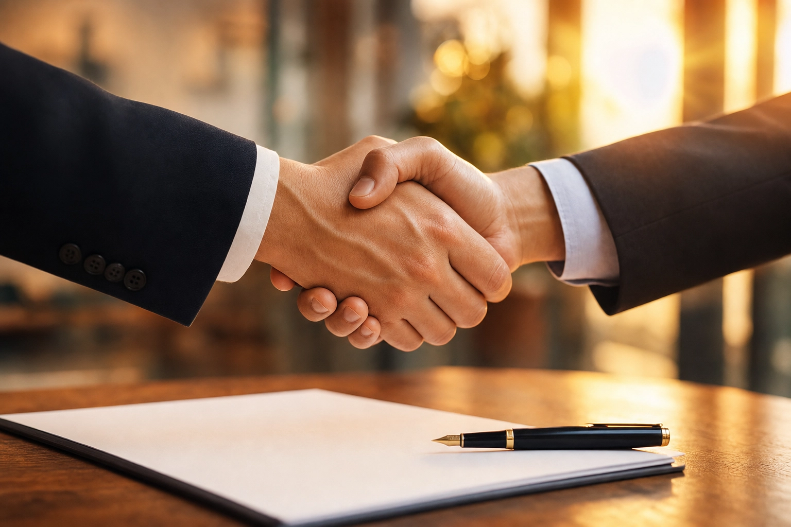 Close-up handshake over a signed agreement, sealing a sales deal after the close