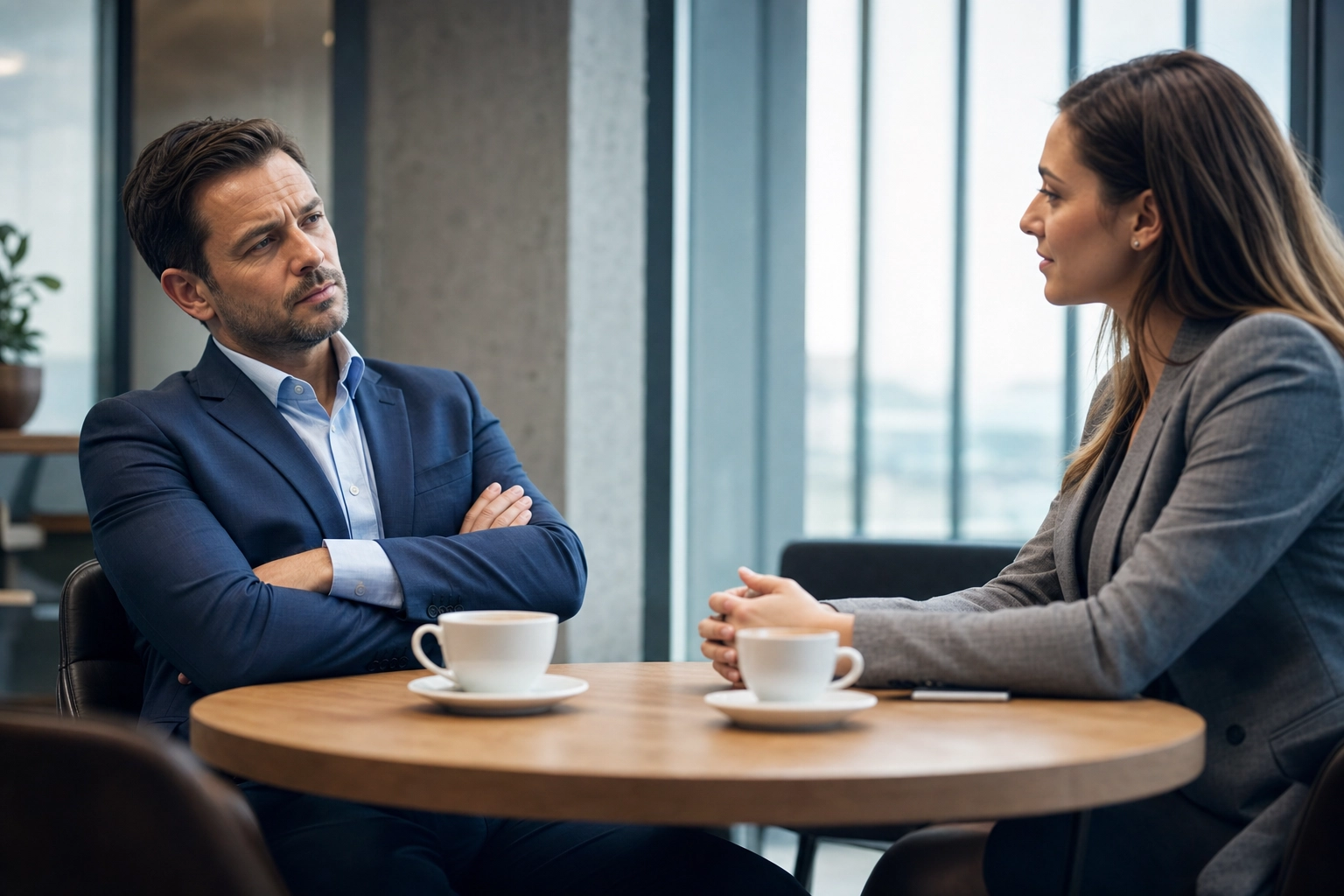 Saleswoman calmly handling a skeptical buyer's objection across a meeting table