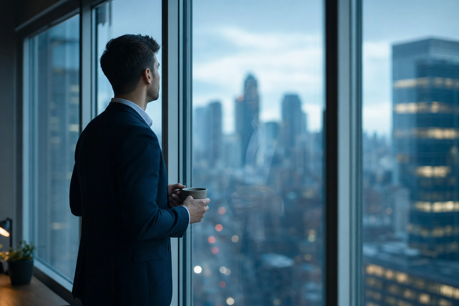 Sales rep preparing mentally by a window before an important English sales call
