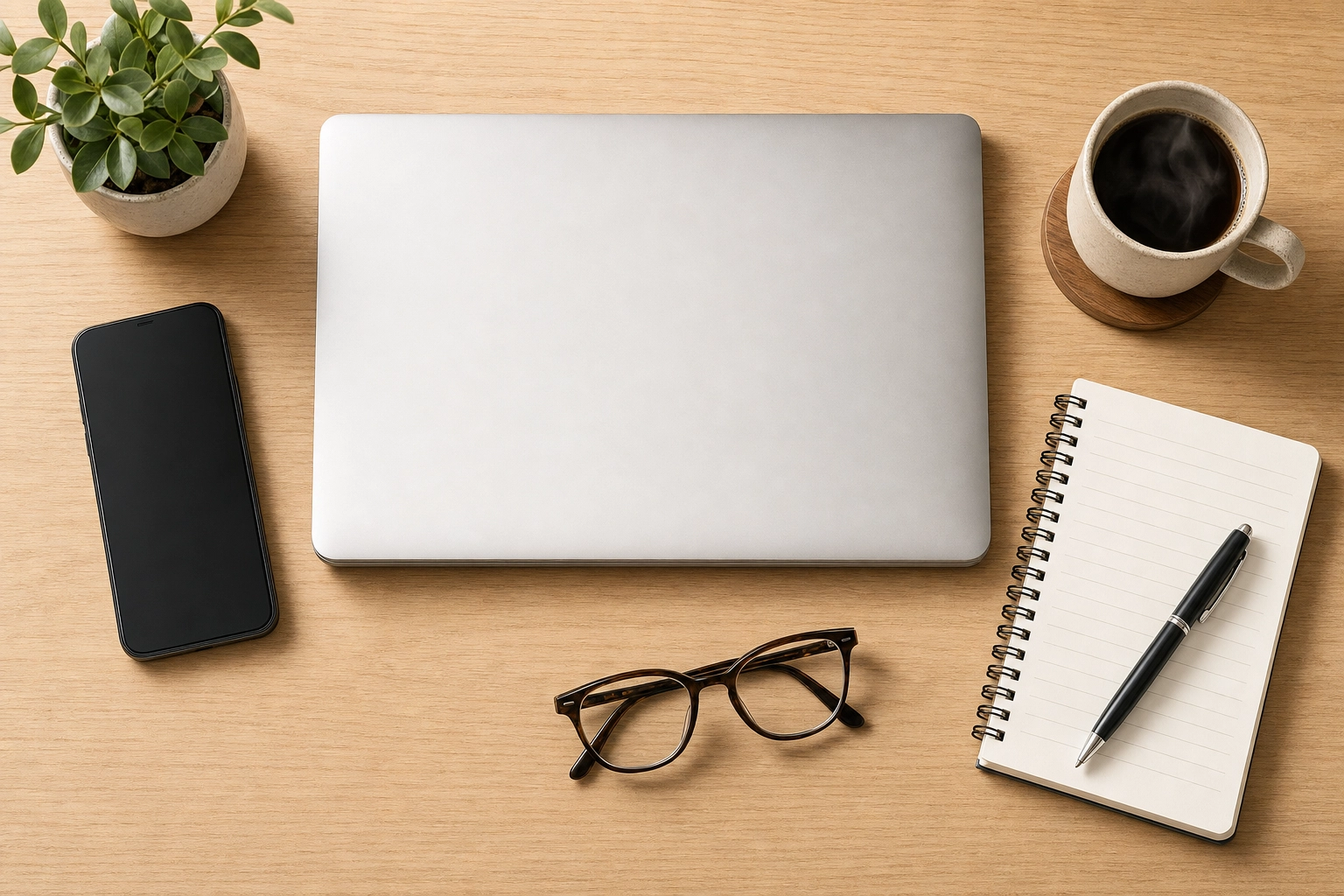 Flat-lay of a phone, laptop and notepad representing prospecting calls and follow-up