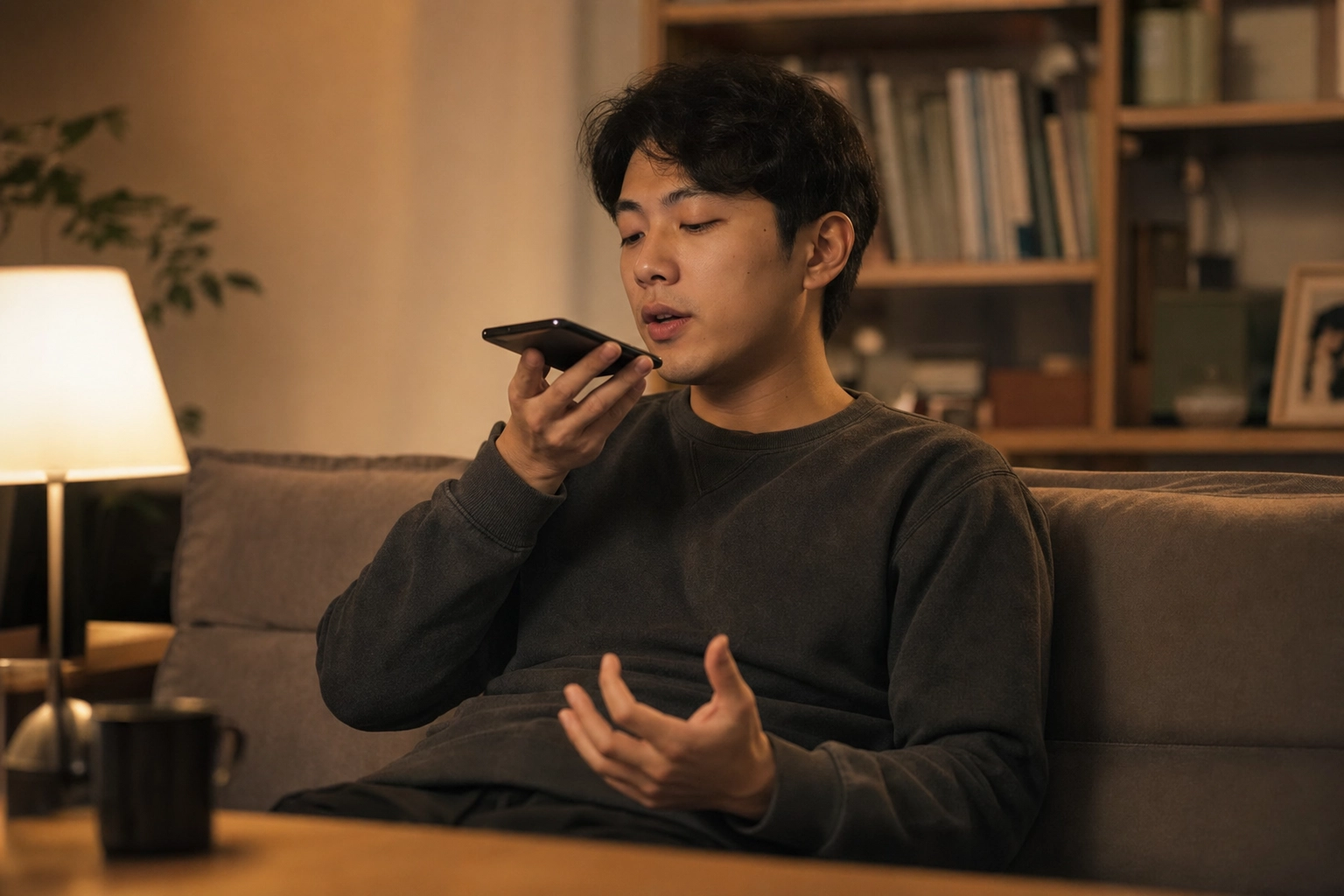 Non-native sales rep rehearsing an English sales call out loud at home in the evening
