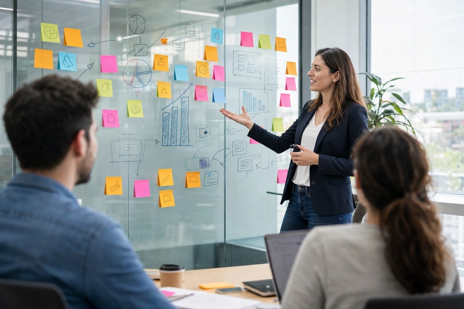Sales professional presenting a product demo at a glass wall of sticky notes and diagrams