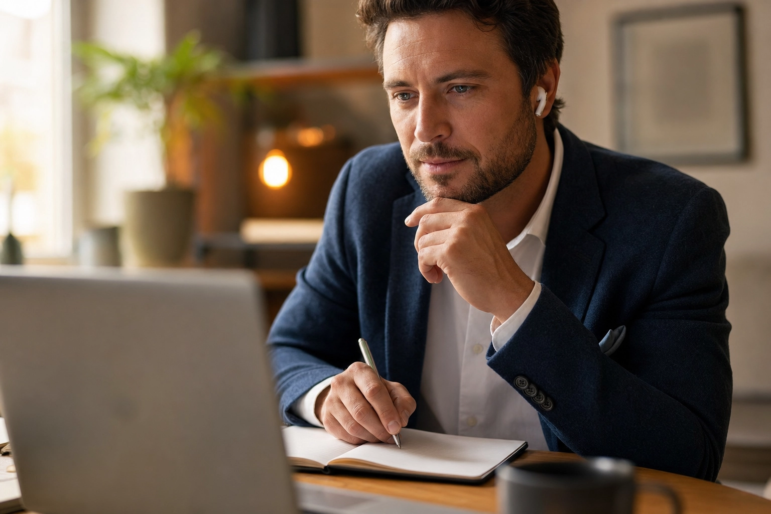 Sales rep listening attentively and taking notes during an English discovery call