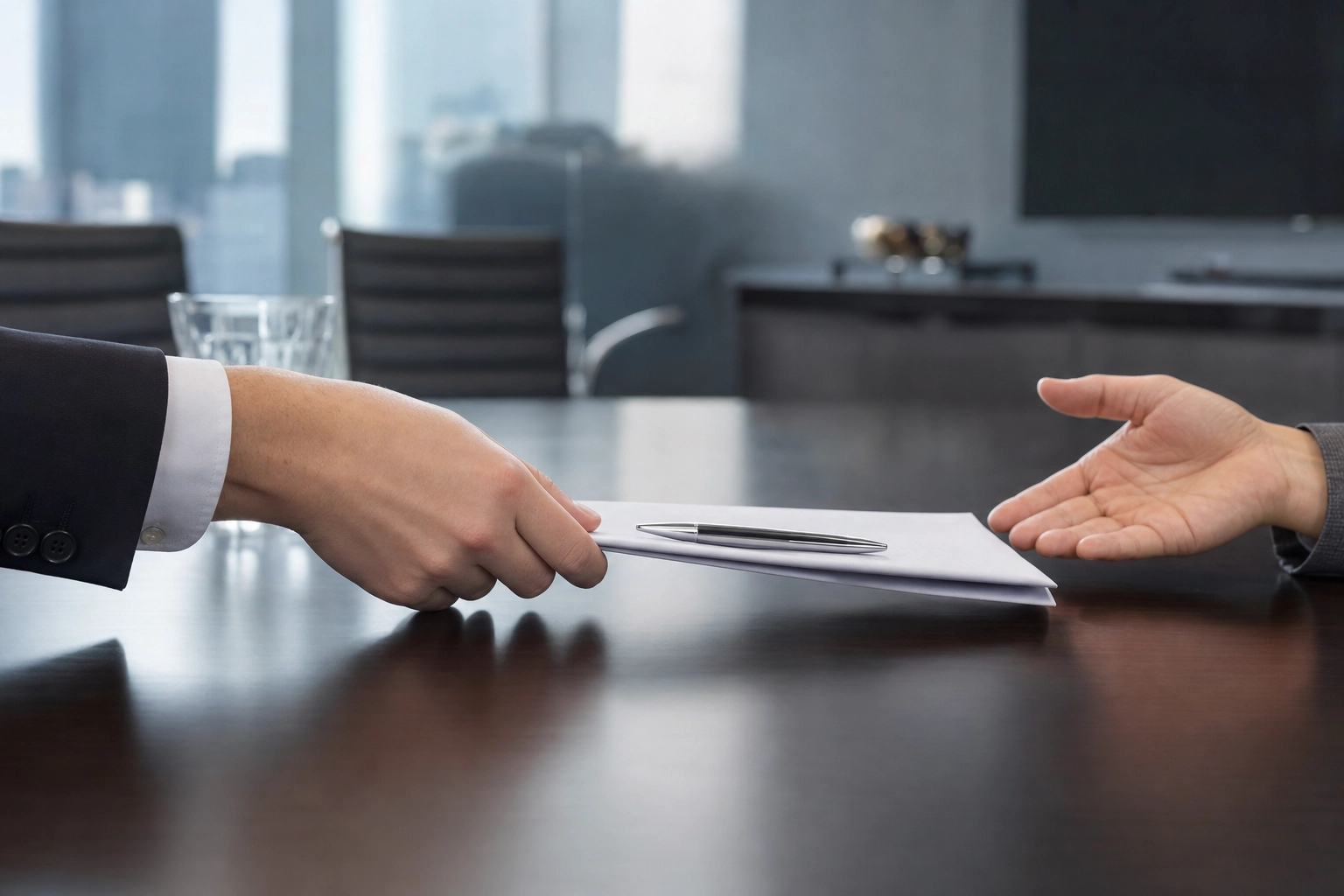 Two hands exchanging a contract across a table during a sales price negotiation