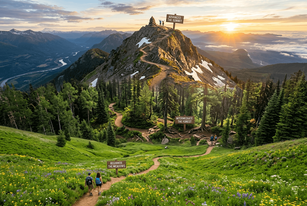 Winding trail through three distinct terrains from meadow to mountain peak representing beginner to advanced English learning stages