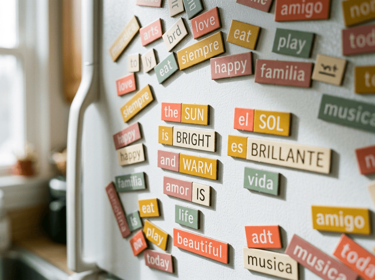 Colorful magnetic word tiles on a refrigerator showing English and Spanish cognate vocabulary for language learners