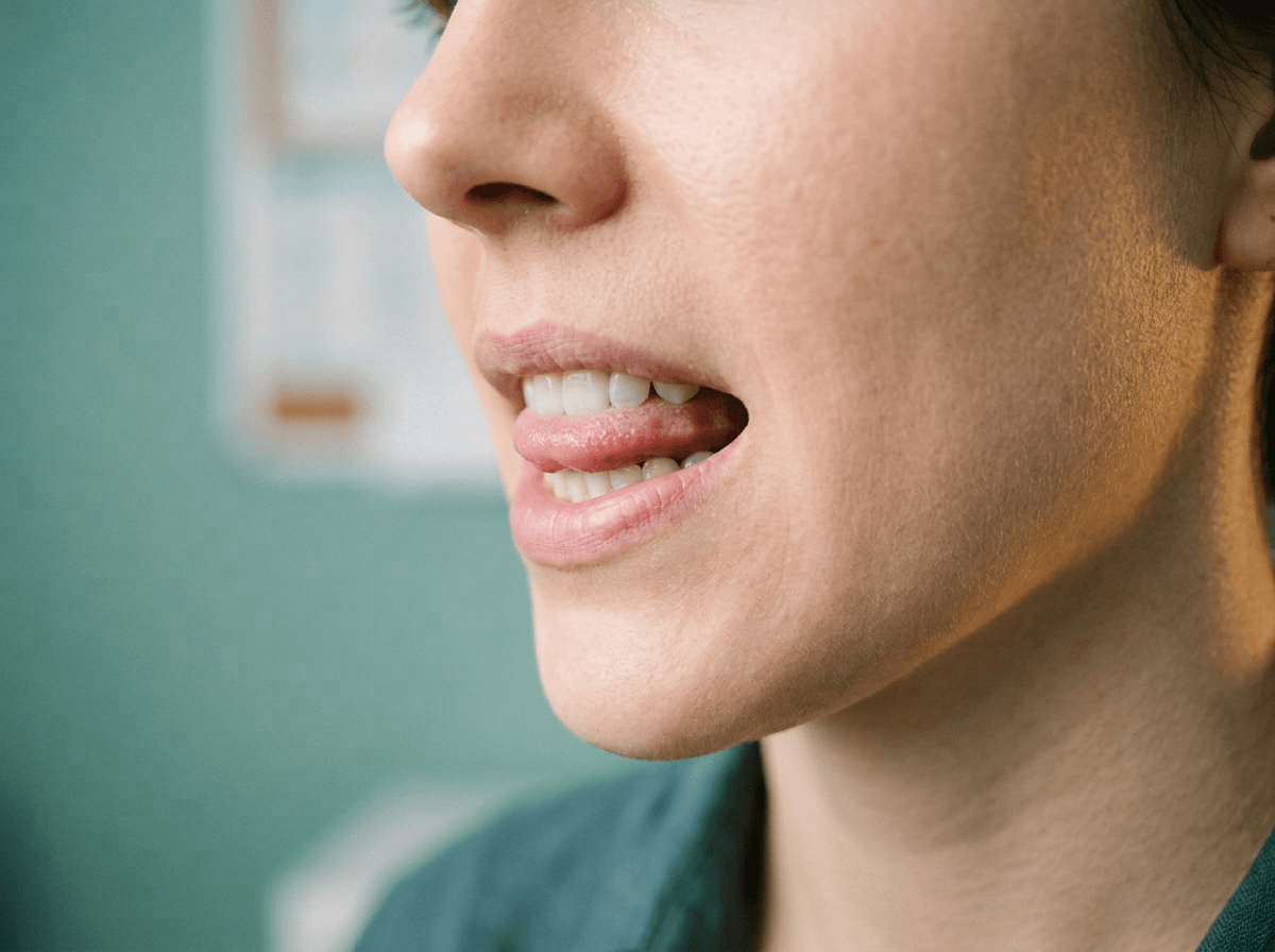 Close-up demonstrating tongue position between teeth for pronouncing English TH sounds that Spanish speakers find challenging