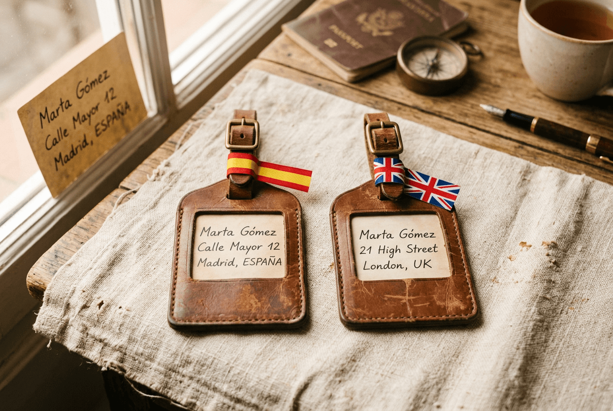 Two identical-looking suitcase tags with different destination flags representing false cognates between Spanish and English
