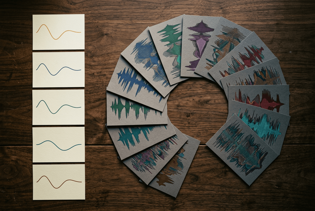 Sound wave cards comparing simple Spanish vowel patterns to complex English vowel sounds for pronunciation practice