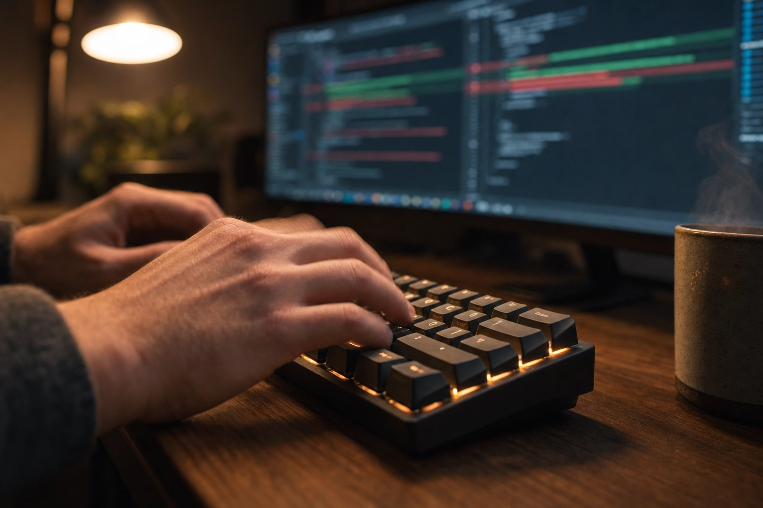 Developer typing a code review comment on a mechanical keyboard with diff visible on monitor