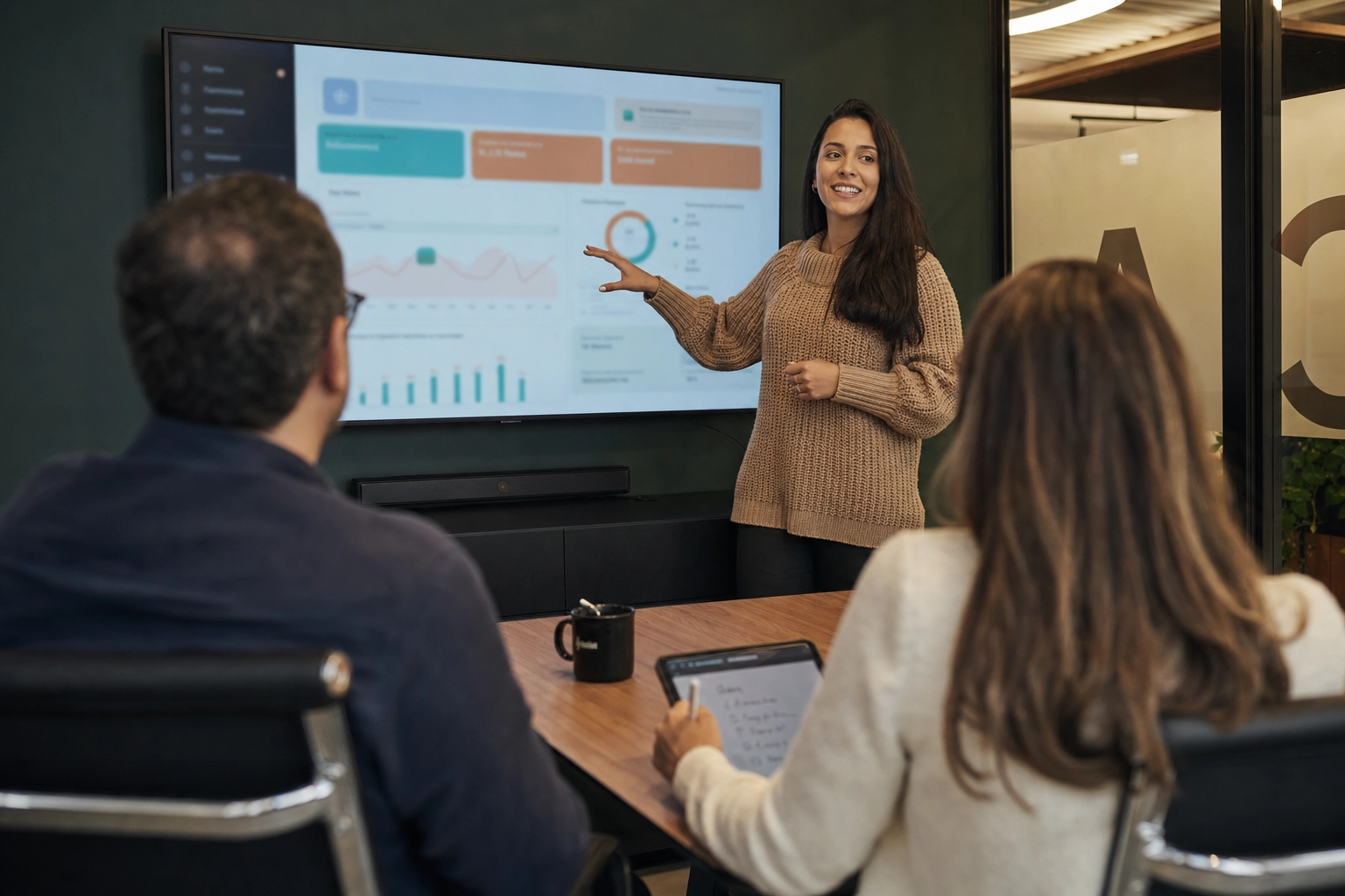 Software engineer demonstrating a new feature dashboard to clients during a stakeholder demo meeting