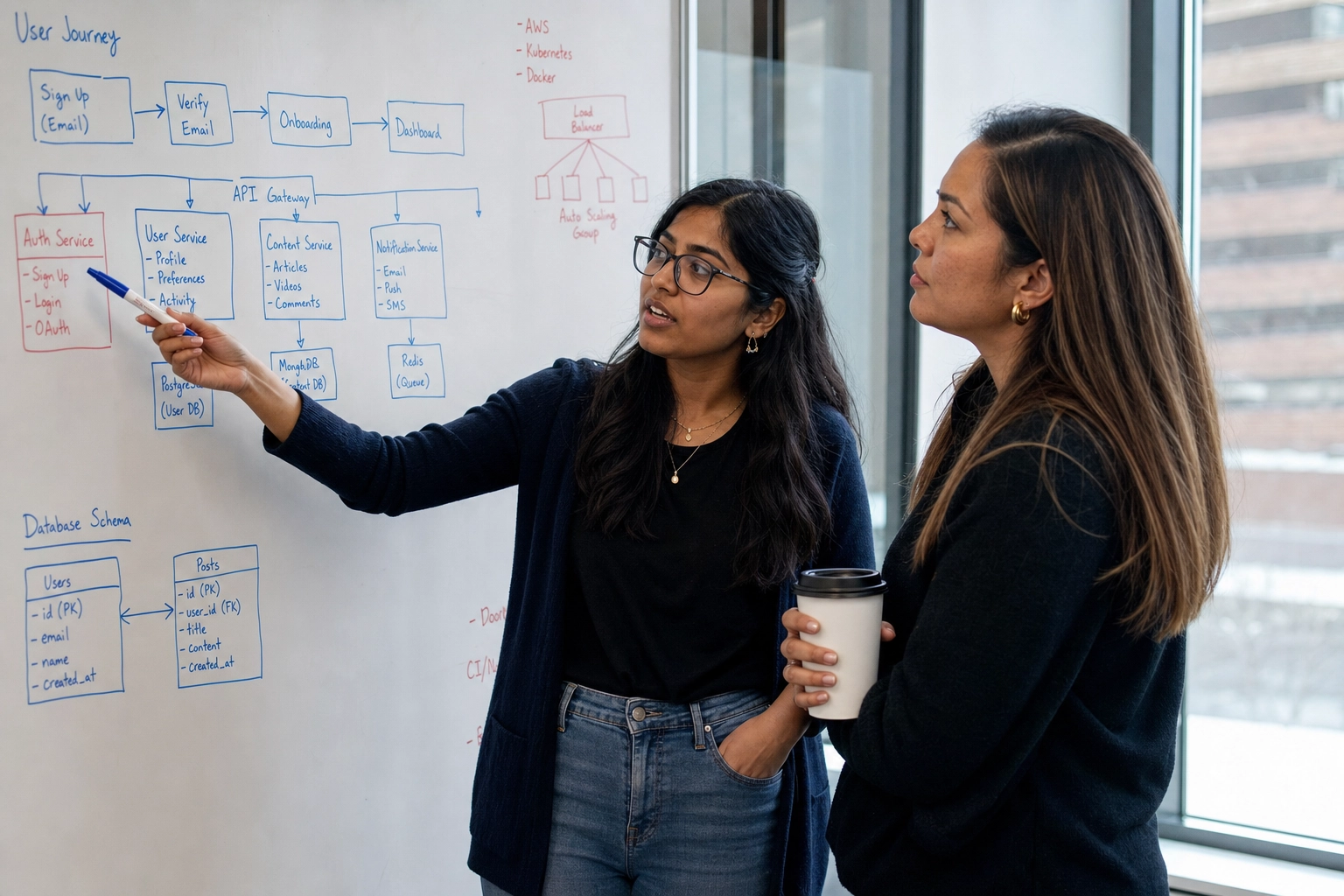 Software engineer explaining a production bug to a product manager at a whiteboard with system diagrams