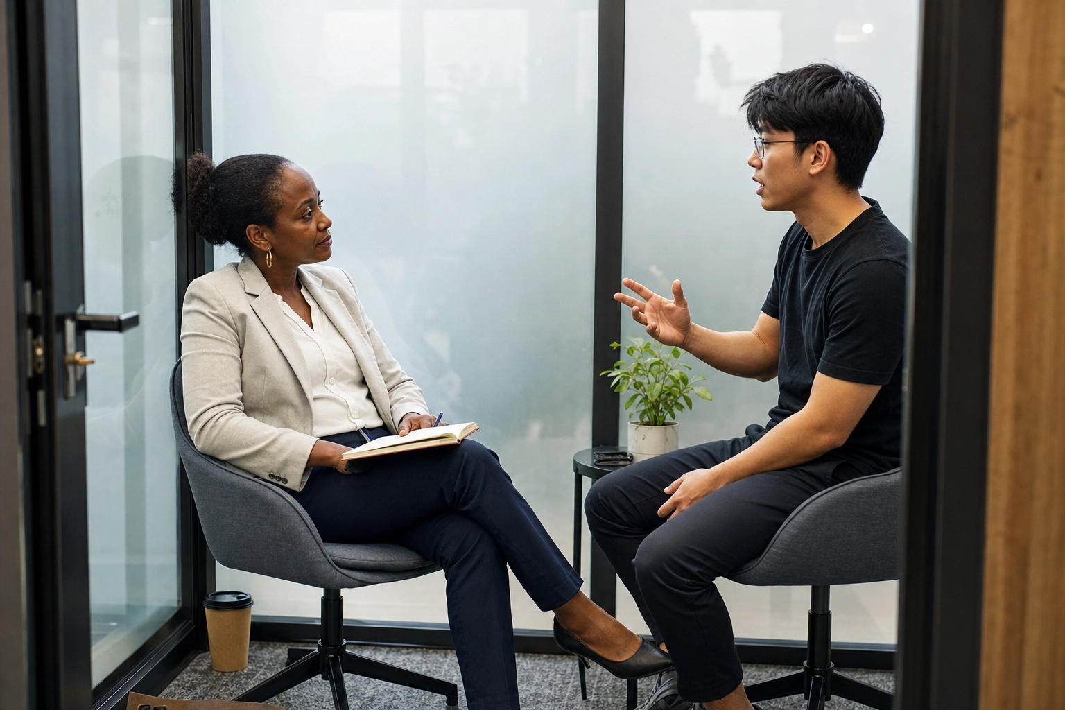 Engineer discussing workload and career goals with manager in a private one-on-one meeting room