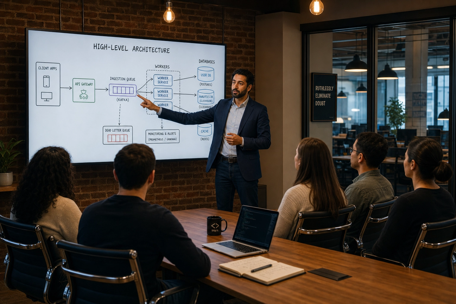 Senior engineer presenting a system architecture decision to colleagues during a design review meeting
