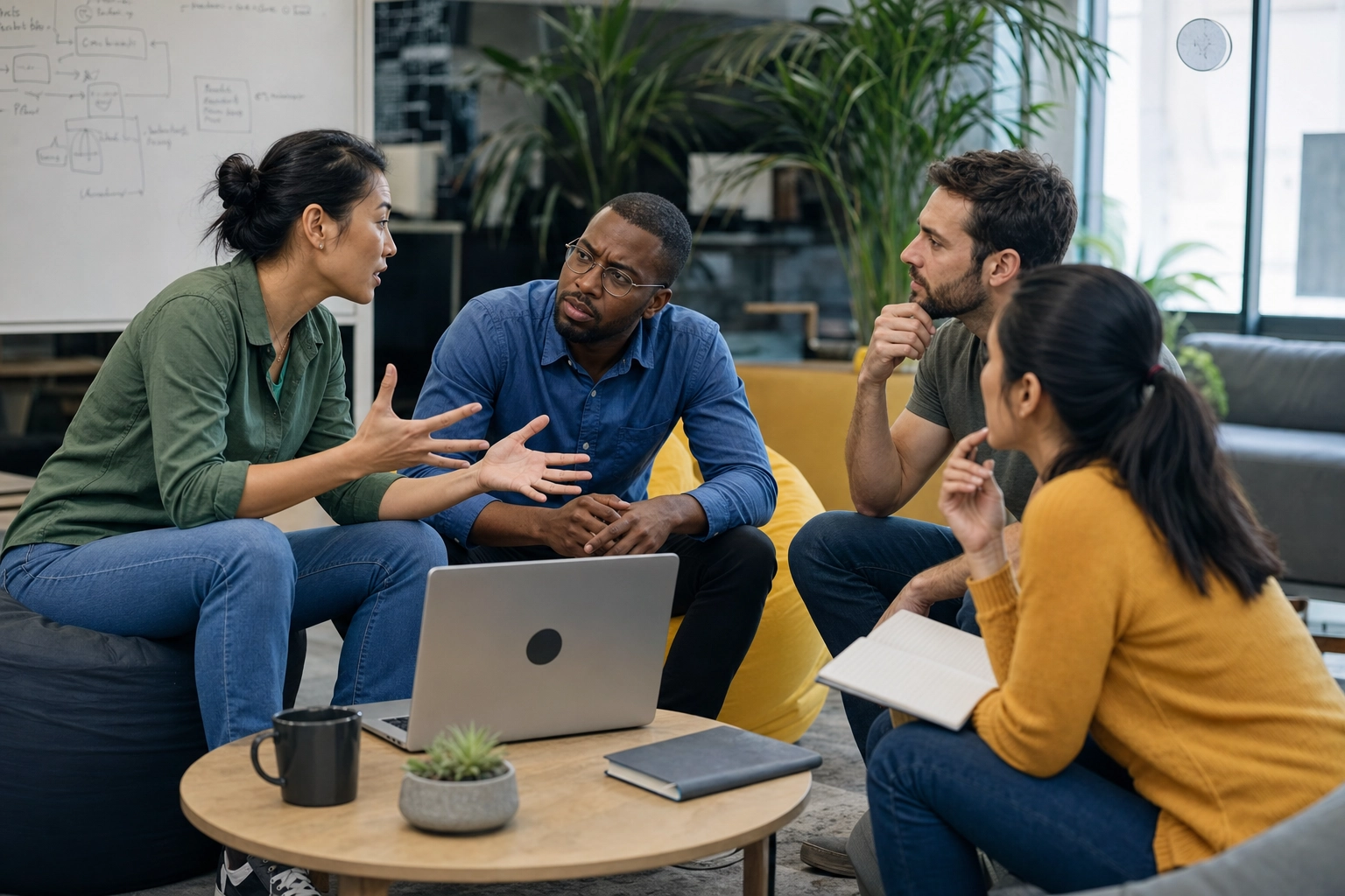 Diverse engineers respectfully debating technical decision in collaborative breakout discussion