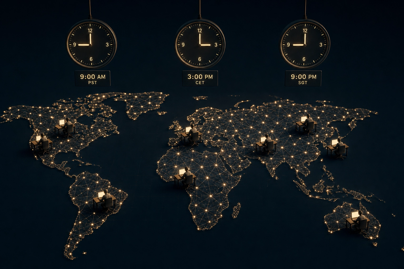 Conceptual visualization of global remote tech teams collaborating across time zones in async work