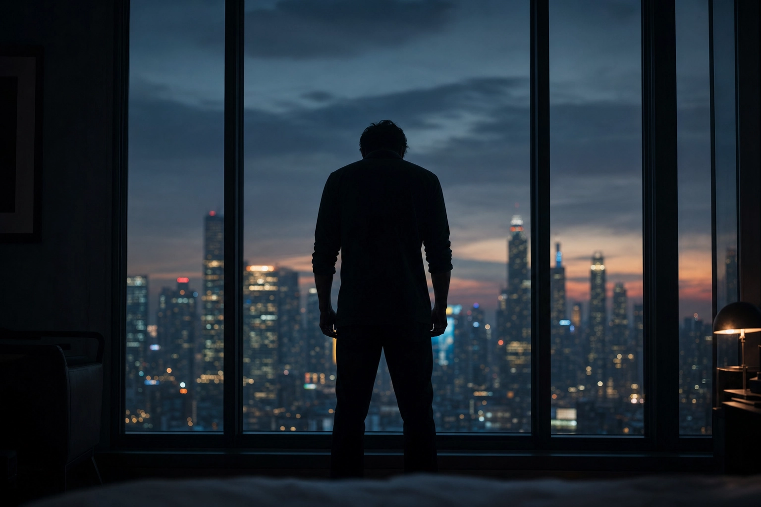 Silhouette of a tech worker reflecting at dusk window symbolizing imposter syndrome and self-doubt