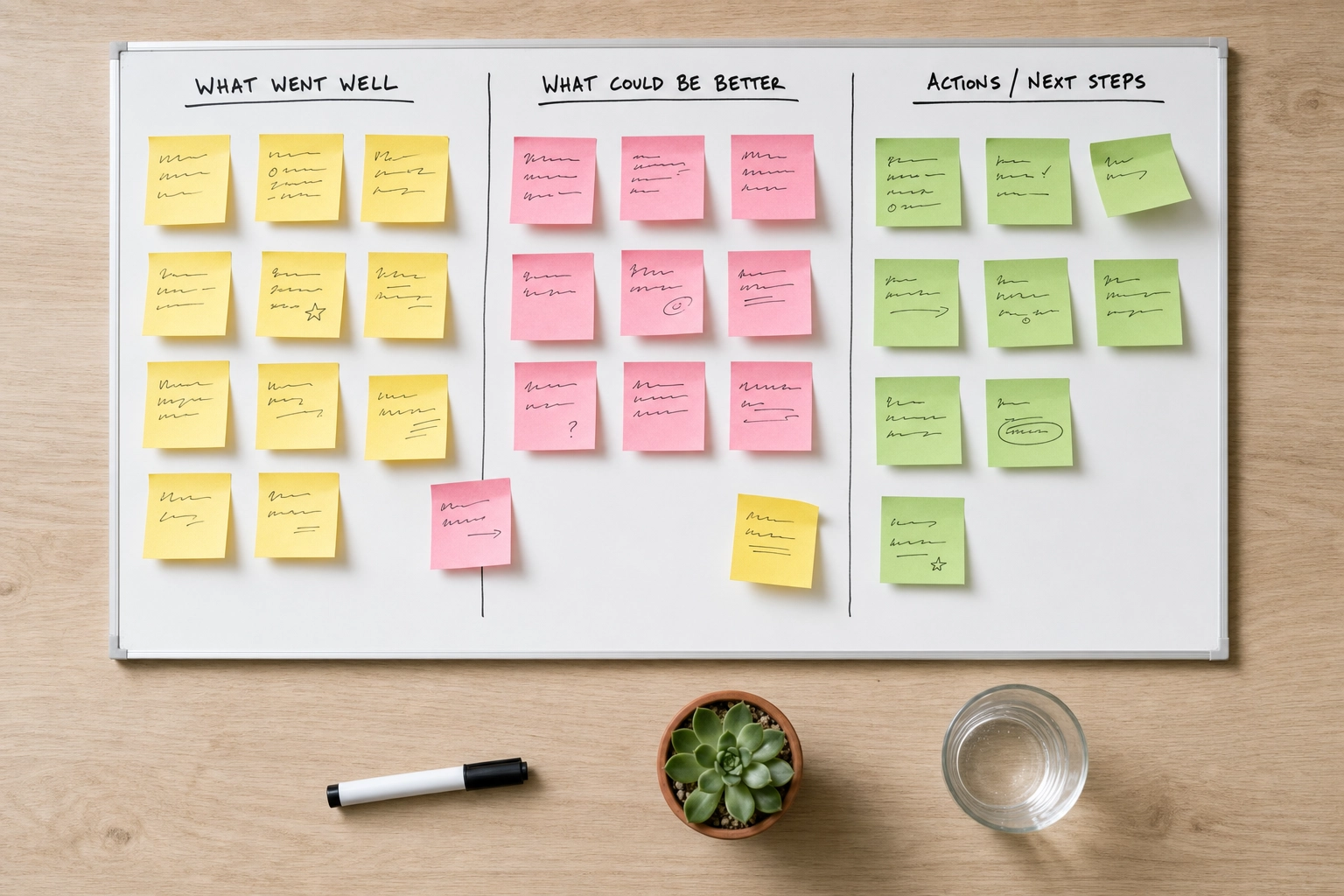 Sprint retrospective board with sticky notes organized into went well, didn't go well, and action items columns