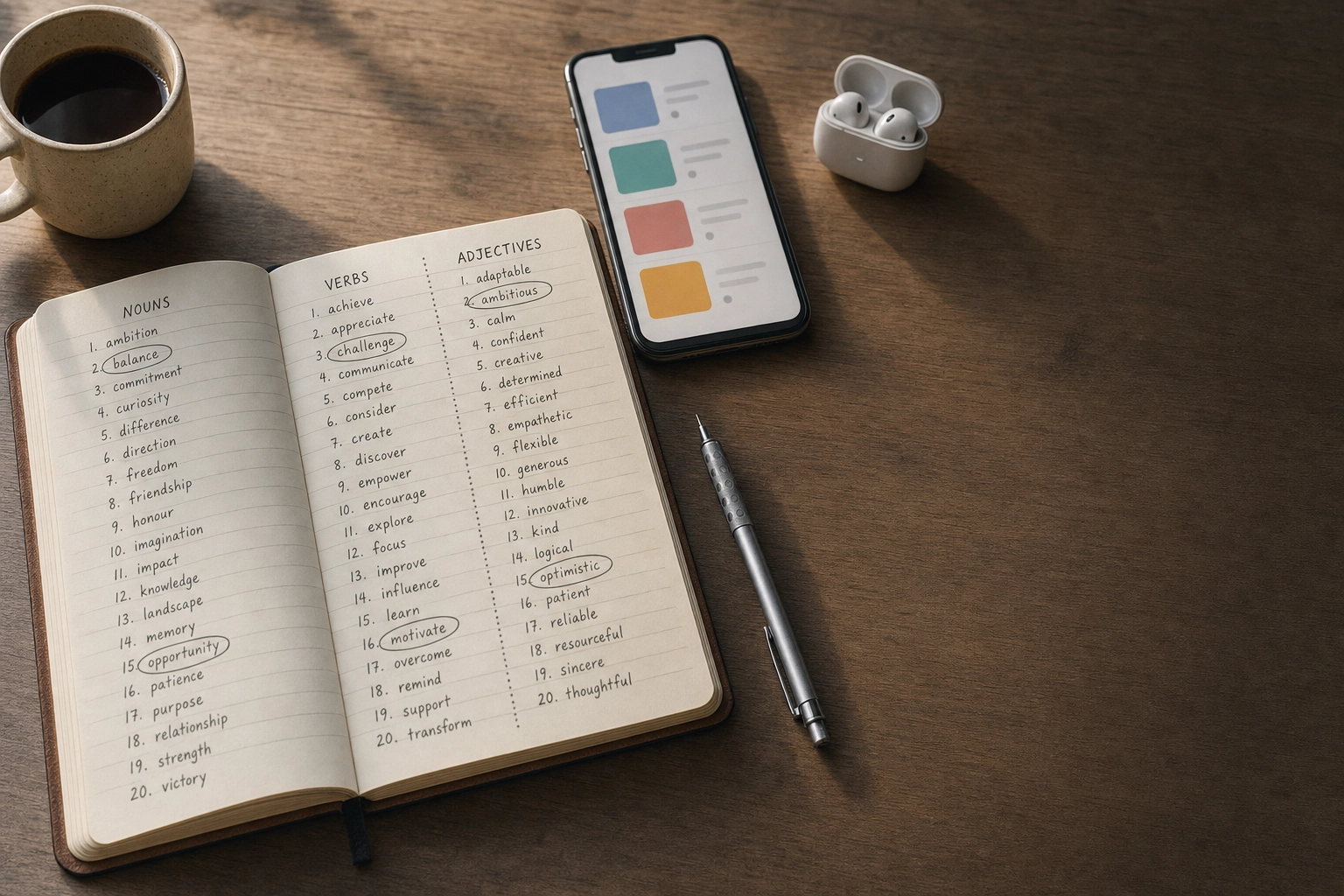 Notebook with hand-written tech English vocabulary lists alongside smartphone and earbuds for practice