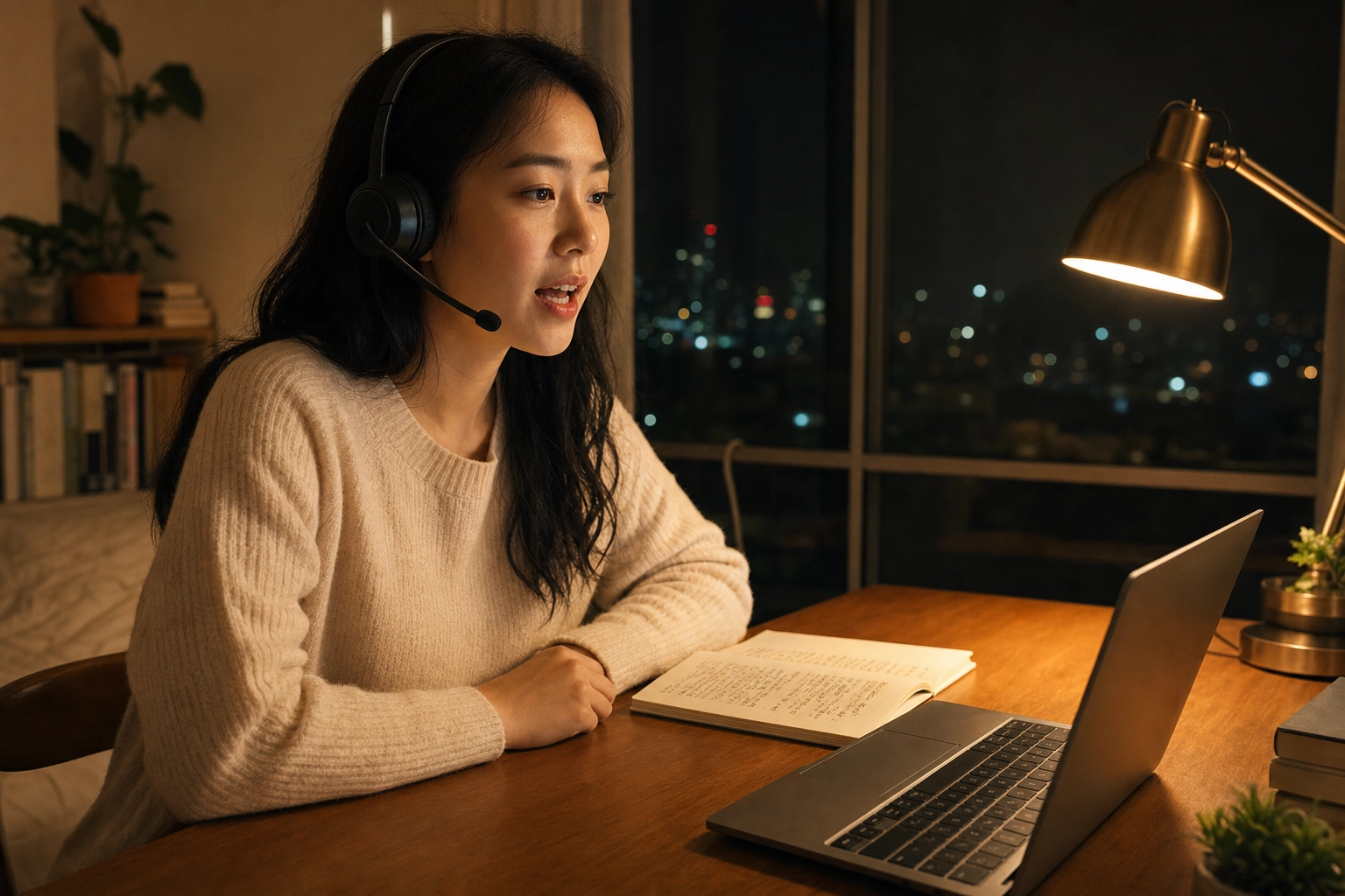 Non-native tech worker practicing English speaking aloud with headphones at home desk late at night