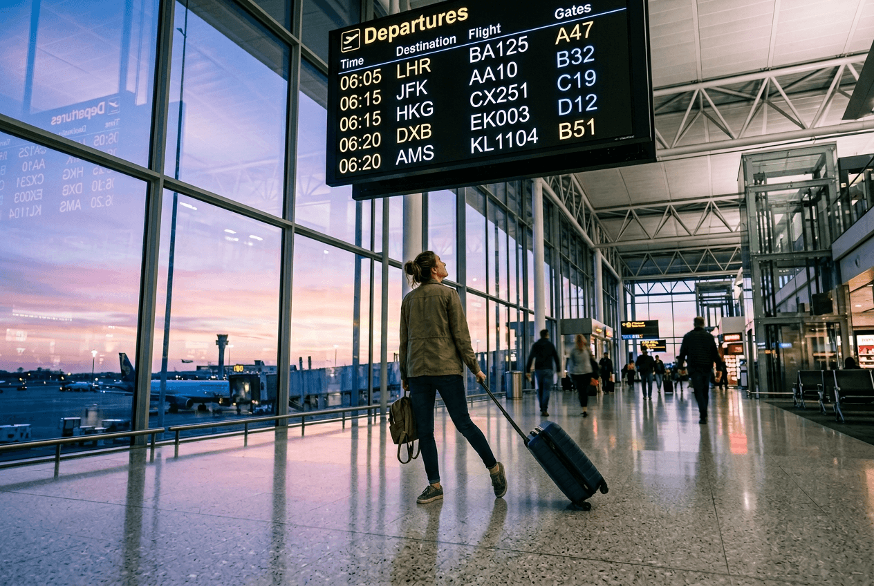 Solo traveler checking departure board at an international airport terminal during early morning