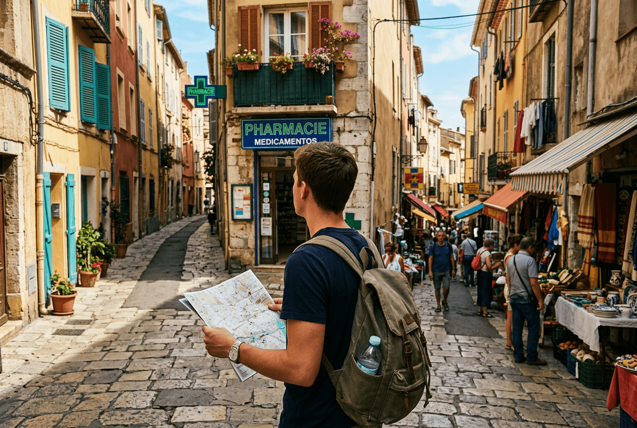 Traveler navigating colorful city streets with a map while deciding which direction to go