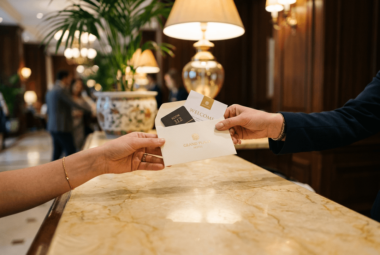 Hotel reception desk keycard exchange during check-in process for English-speaking travelers