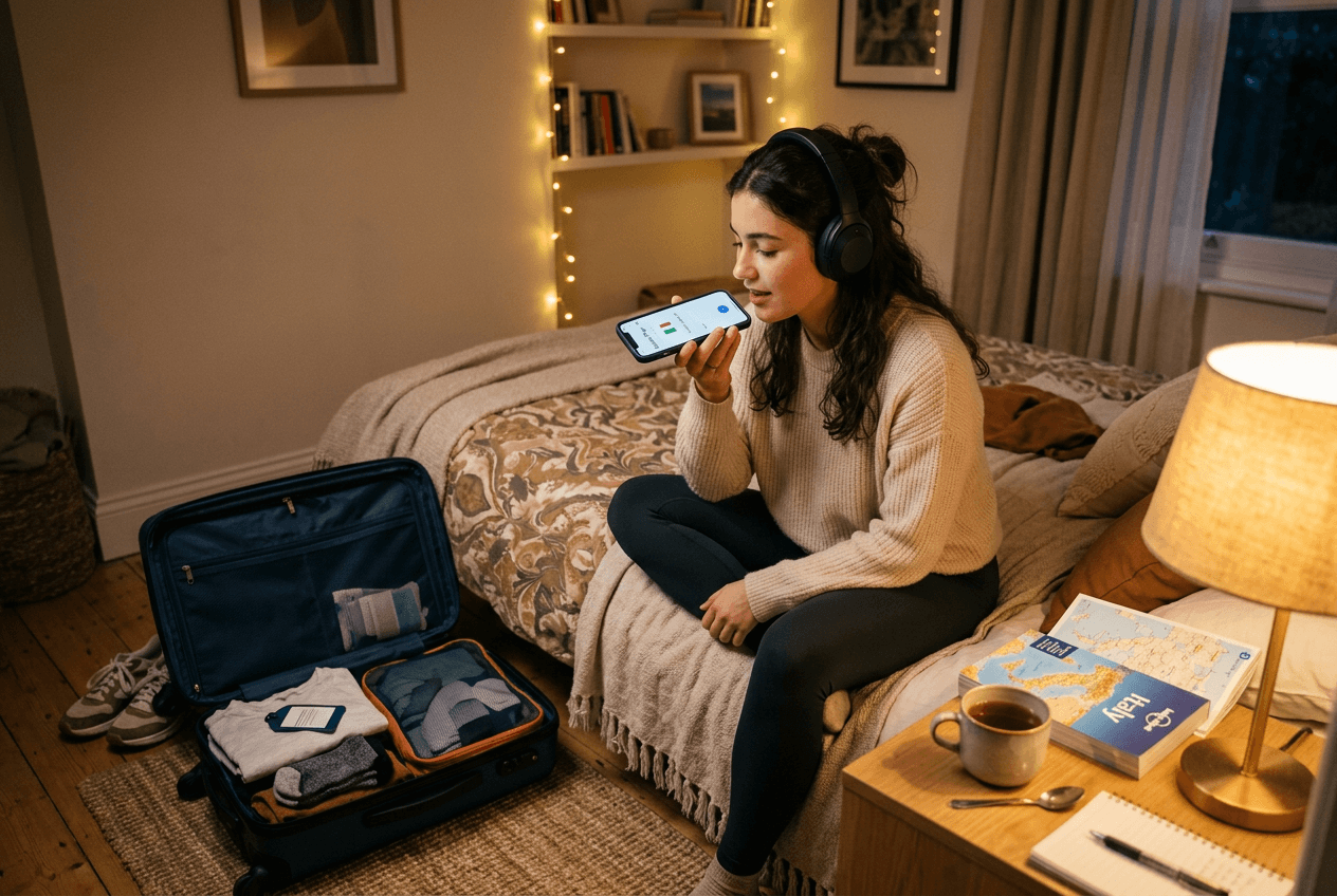 Person practicing English travel conversation on their phone while packing for a trip in a cozy bedroom