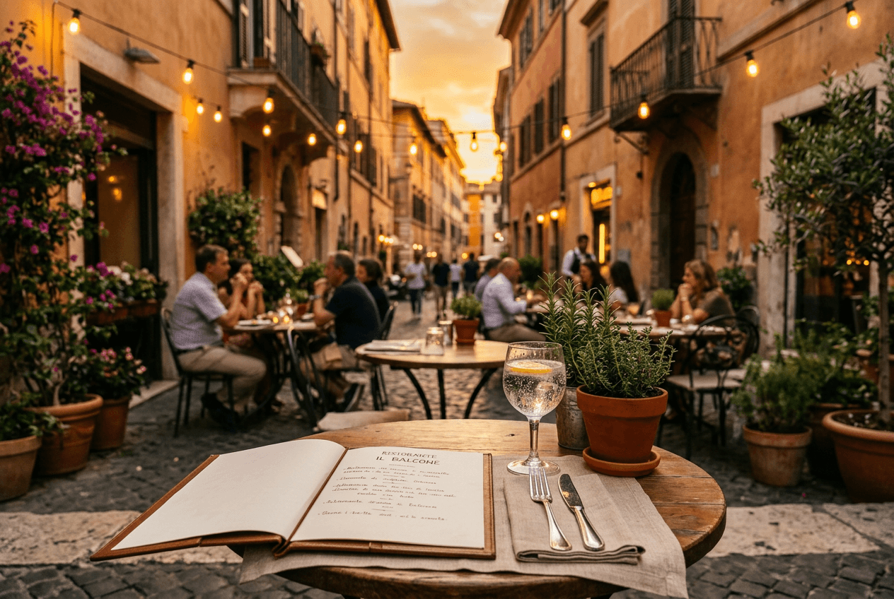 Outdoor European restaurant terrace with menu and place setting at golden hour for dining abroad