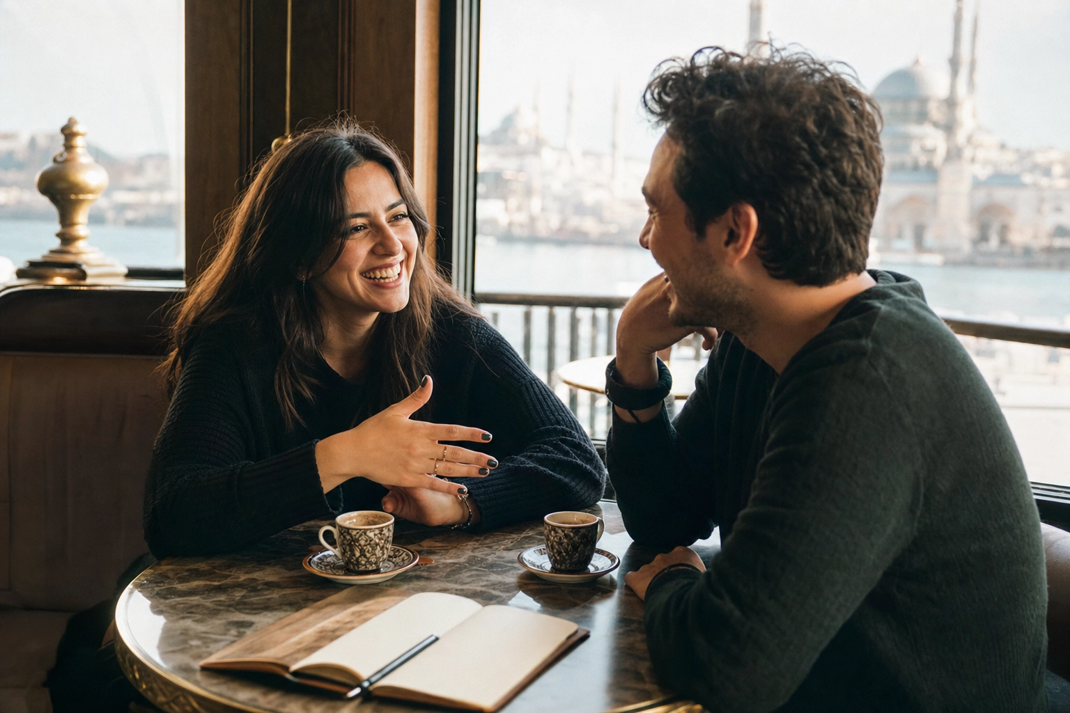 イスタンブールのカフェで friendly でカジュアルな英会話をし、リラックスしたコミュニケーションを見せる2人