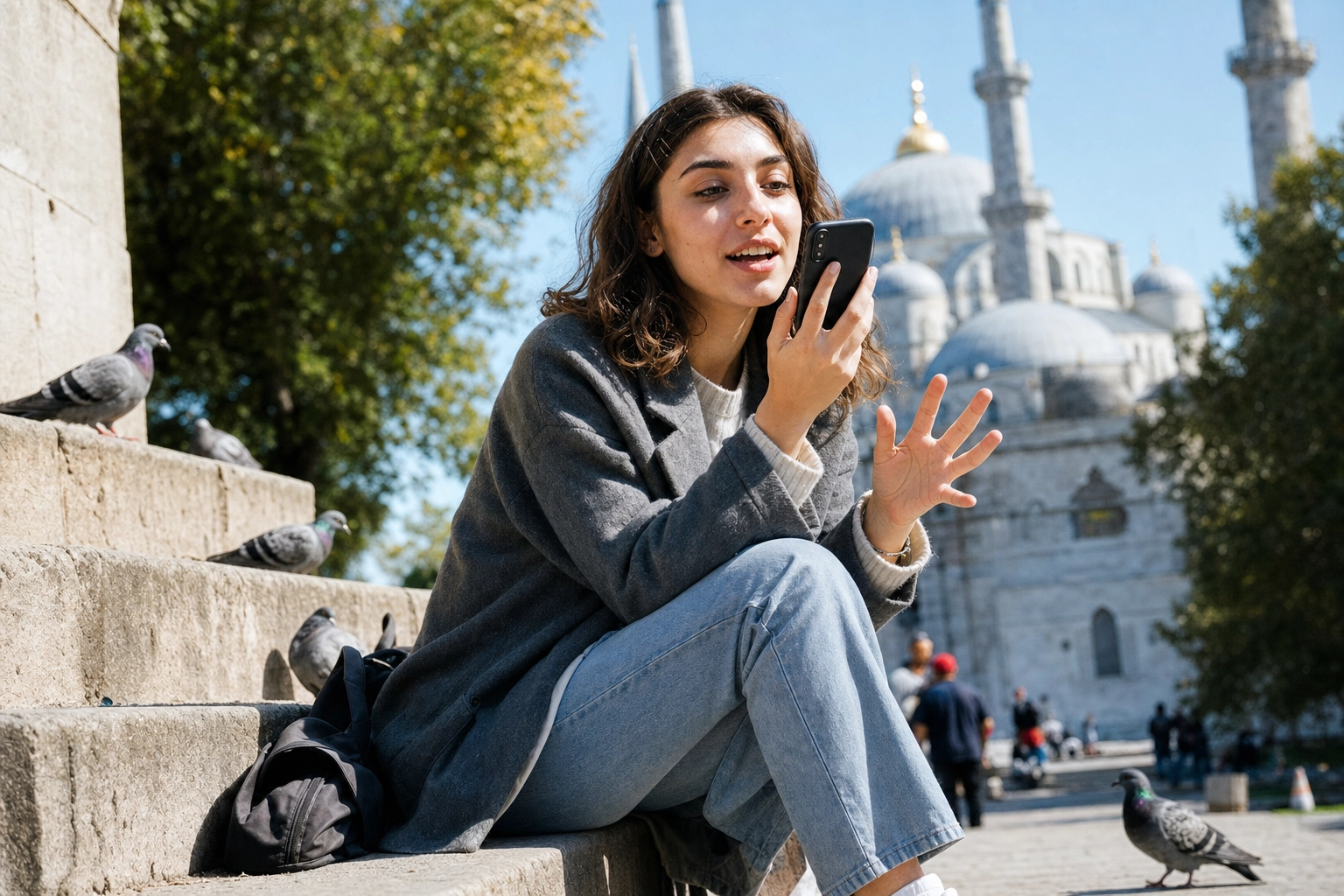 イスタンブールの歴史ある広場の階段で、英語の文を声に出して練習するトルコ人学生