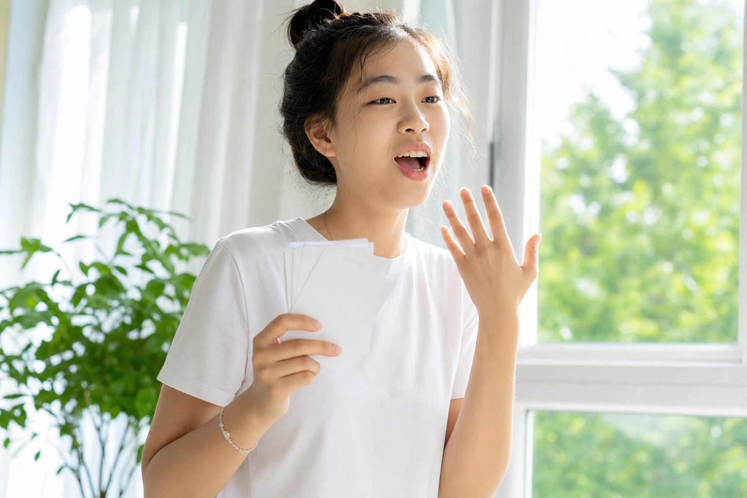 창가에서 플래시카드로 어려운 영어 단어를 소리 내어 연습하는 베트남 학생